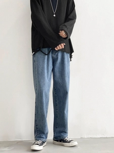 Vintage gewassen blauwe denim jeans voor heren met losse rechte pasvorm en stijl