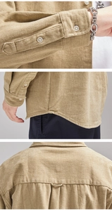 Detail of khaki twill cotton shirt showing white resin buttons, sleeve cuffs and back yoke