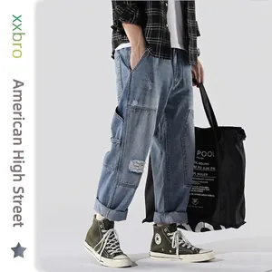 Men Distressed Straight Jeans Patchwork Ripped Multi Pocket High Street Denim Pants Washed Vintage Casual Trousers For Youth