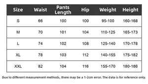 Detailed size chart for cargo pants including waist, length, hip, weight and height specs