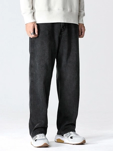 Men's loose straight-leg jeans in vintage washed dark grey heavy denim fabric