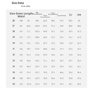 Tableau des tailles détaillé pour jeans amples hommes avec mesures de taille et longueur