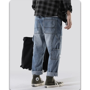 Men's blue straight-leg carpenter jeans featuring vintage wash and cargo pockets style