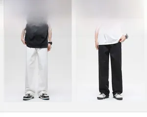 Detailed color display of white and black wide-leg straight-cut cotton denim trousers
