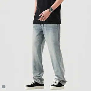 Jeans en Denim à Jambe Droite Vintage High Street pour Hommes Lavé Bleu Clair Pantalon Décontracté Ample pour Mode Homme