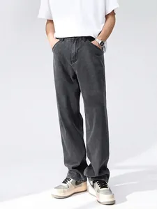 Men Japanese Vintage Loose Straight Jeans Washed Dark Grey Denim Pants Casual High Street Baggy Trousers