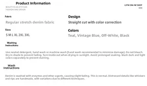 Größentabelle und Stoffdetails für gerade Stretch-Jeans in verschiedenen Farben