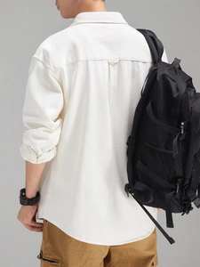 Japanese style white cotton embroidered shirt for men with loose casual fit and back pleat