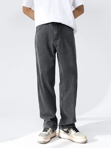 Men's retro dark grey straight leg jeans with casual washed finish and loose fit