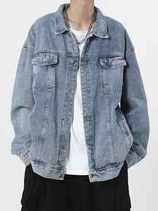 Men's Vintage Washed Denim Jacket Oversized Loose Fit Streetwear Cotton Jean Coat With Pockets Metal Buttons Casual Top