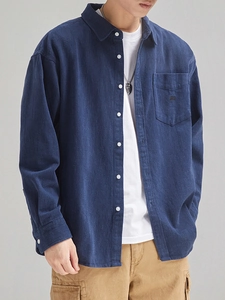 Japanese retro navy blue corduroy long sleeve shirt with embroidery for men