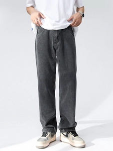 Classic straight-leg dark grey washed denim jeans for men with relaxed fit style