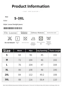 Detailed size chart for white cotton straight leg wide trousers from S to 3XL