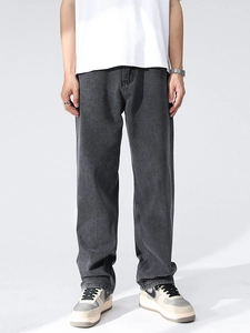 Men's retro loose straight-leg denim jeans in dark grey wash with vintage texture