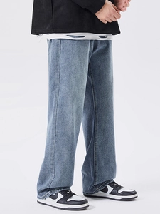 Men's high street wash blue wide-leg straight denim jeans with contrast stitching