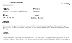 Size chart and washing instructions for loose fit straight leg denim cargo pants