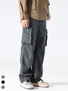 Men High Street Cargo Trousers Cotton Multi-Pocket Straight Leg Pants Casual Outdoor Fashion Utility Workwear