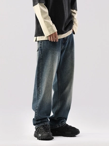 Jean large en denim délavé rétro de style American High Street pour hommes