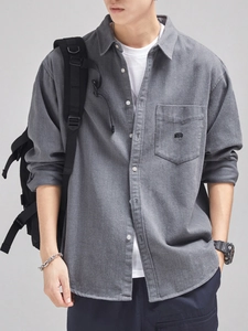 Men's Japanese retro white cotton shirt with long sleeves and loose fit embroidery