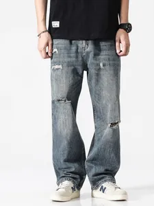 Jean Homme Retro Bleu Déchiré Effet Vieilli Coupe Droite Large Mélange de Coton Lavé Streetwear Hip Hop Pantalon Denim