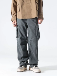 Men's dark grey cargo pants with side flap pockets and straight-leg loose fit style