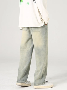 Jean denim rétro ample et droit pour hommes avec finition délavage jaune vintage