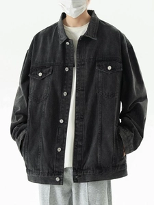 Classic loose fit dark grey denim jacket for men with vintage wash and chest pockets