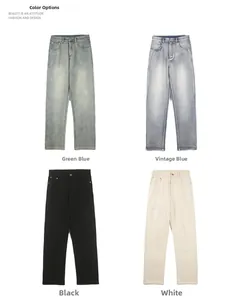 Four colors of men's straight leg jeans: green blue, blue, black, and white denim styles