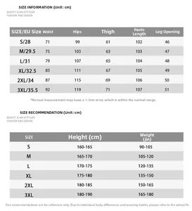 Detailed size chart for loose fit cargo jeans showing waist and length measurements
