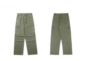 Front and back view of olive green cargo pants with tactical flap pockets