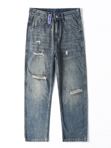 Jean vintage bleu à jambe large pour homme avec genoux déchirés et coupe droite design