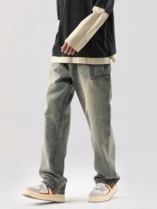 Jean Jambe Droite Délavé Rétro Homme Coupe Large Streetwear Pantalon Denim Avec Poches Outillage Pour Le Quotidien
