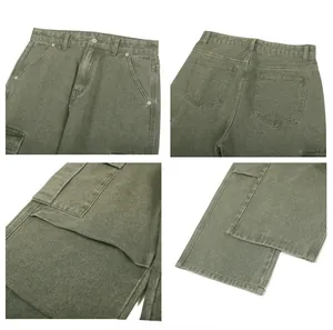 Detail view of army green cargo jeans showing waist pockets and stitched patchwork hem