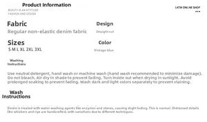 Size chart and washing guide for vintage blue straight-leg denim jeans in sizes S to 3XL