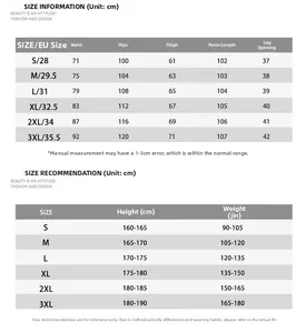 Size guide table for men's vintage tapered denim jeans with measurements and fit recommendations