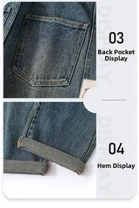 Detail view of denim jeans featuring back pocket stitching and hem cuff texture