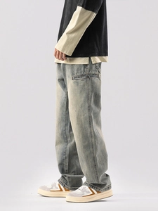 Jean homme délavé bleu clair coupe droite large avec poches cargo style rétro chic