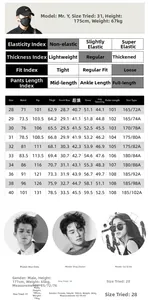 Detailed size chart for slim fit navy blue jeans including model measurements and dimensions