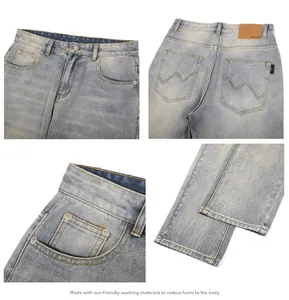 Detail view of light blue tapered jeans with eco-friendly wash and pocket embroidery