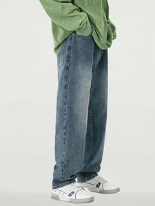 Jeans en Denim Délavé Vintage pour Hommes Coupe Ample Jambe Large Droite Streetwear Décontracté Pantalon Rétro Coton