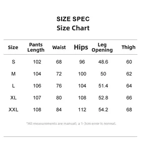 Size guide table for men's camouflage cargo pants showing S to XXL measurements in detail