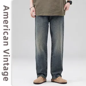 Men's Vintage Washed Denim Jeans Loose Straight Leg Cotton Casual Pants Urban Retro Style Summer Blue Long Trousers