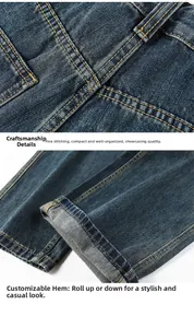 Detail of high-density yellow stitching and cuffed hem on dark blue denim jeans