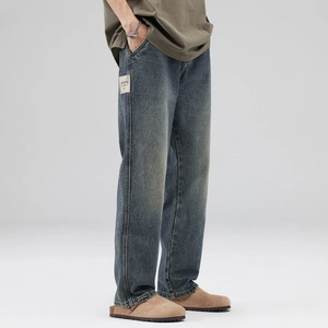 Men's retro wash straight leg denim jeans with side fabric patch and relaxed fit