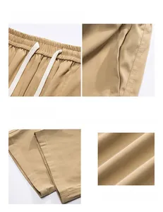 Detailed views of khaki shorts featuring elastic waistband, white drawstring, and side pockets