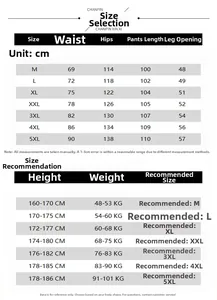Detailed size chart with measurements and weight suggestions for black wide-leg trousers