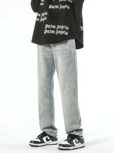 Men Retro Washed Straight Leg Denim Jeans Embroidered Back Pocket Streetwear Casual Mid Waist Long Pants