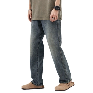 Men's vintage wash loose straight jeans in dark blue with natural faded texture finish
