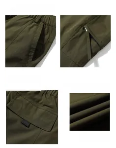 Detailed views of army green cargo pants featuring elastic waist and functional multi-pockets