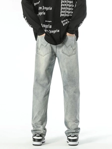 Men's straight-leg light blue washed jeans with decorative wave stitching on back pockets